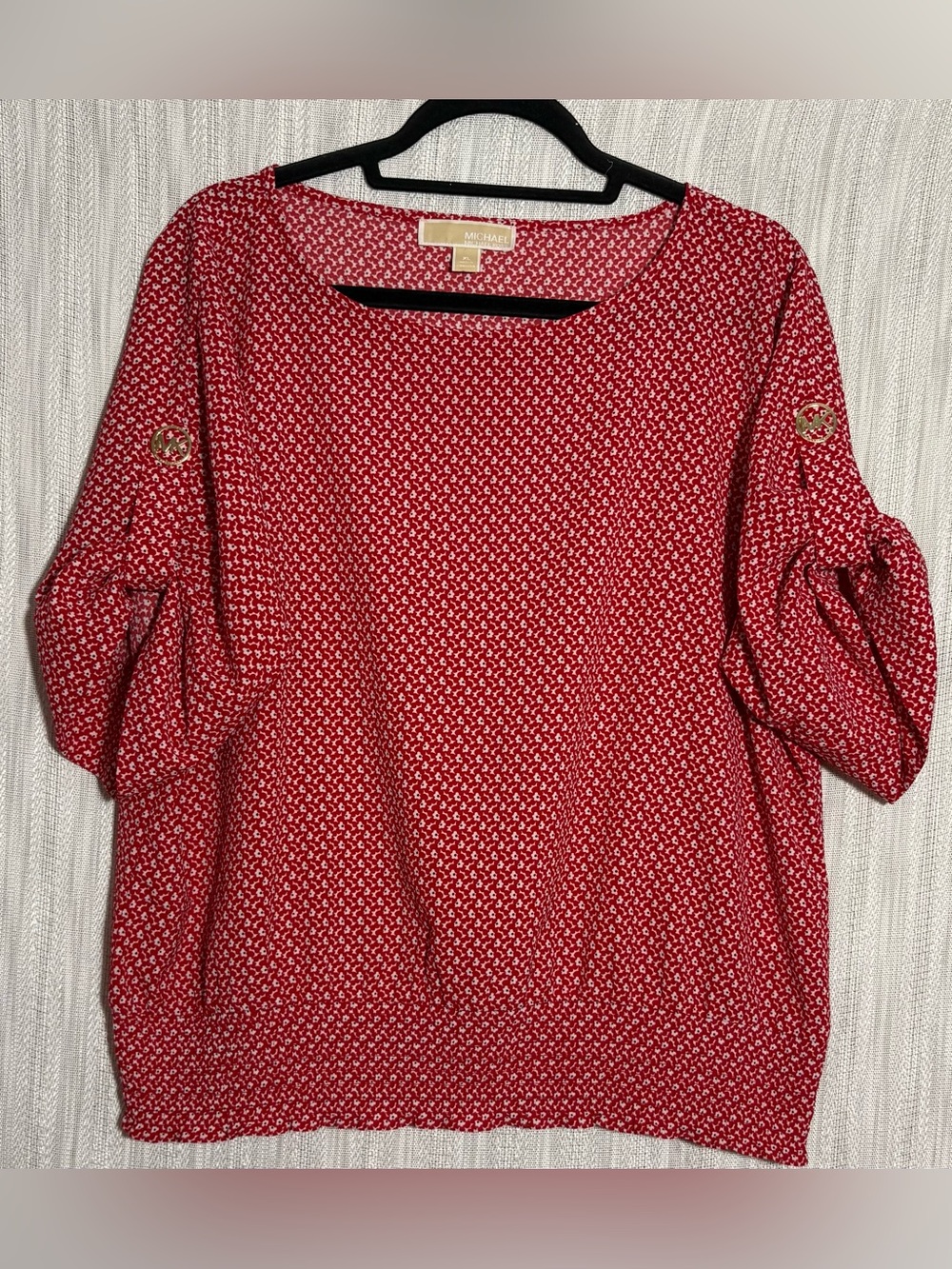Michael Kors Red and White Printed Puff-Sleeve Blouse